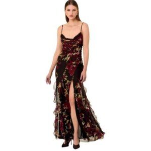 NWT NICHOLAS Kamila Ruffle Cowl Gown in Water Color Floral Maxi Dress